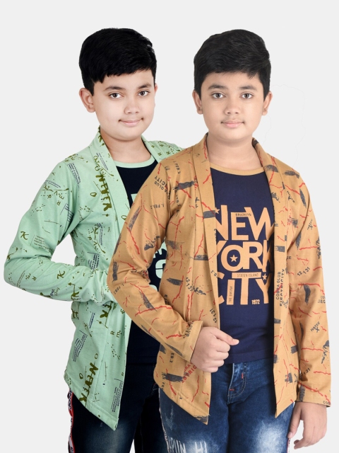 

Fabshio Boys Pack Of 2 Typography Printed T-shirt with Attached Shrugs, Brown