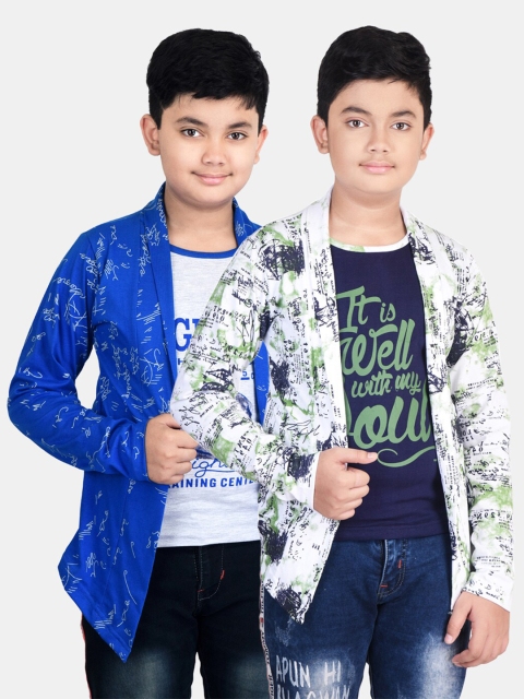 

Fabshio Boys Pack Of 2 Green & Blue Typography Printed T-Shirt With Attached Shrugs