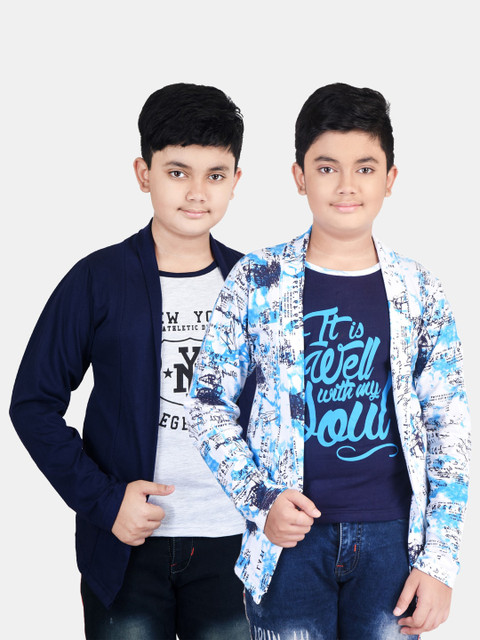 

Fabshio Boys Blue And White Pack of 2 Typography Printed T-shirt With Attached Shrugs