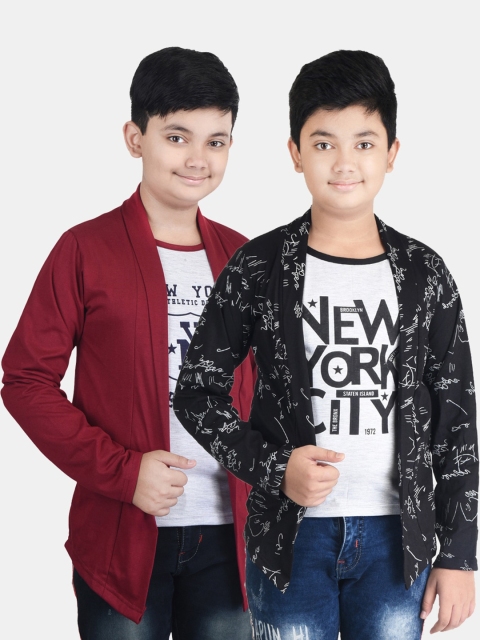 

Fabshio Boys Pack Of 2 Typography Printed T-shirt With Attached Shrugs, Maroon