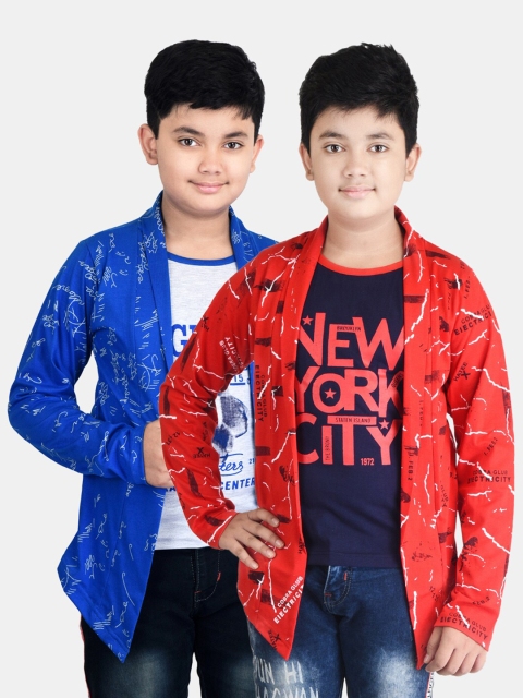 

Fabshio Boys Pack Of 2 Red & Blue Typography Printed T-shirt With Attached Shrugs