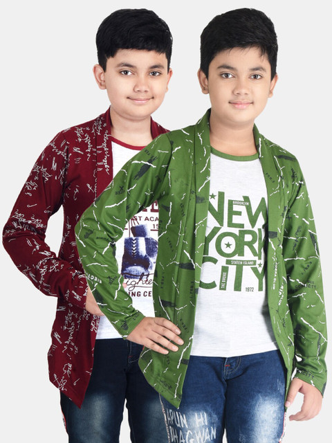 

Fabshio Boys Green & Maroon 2 Printed T-shirt