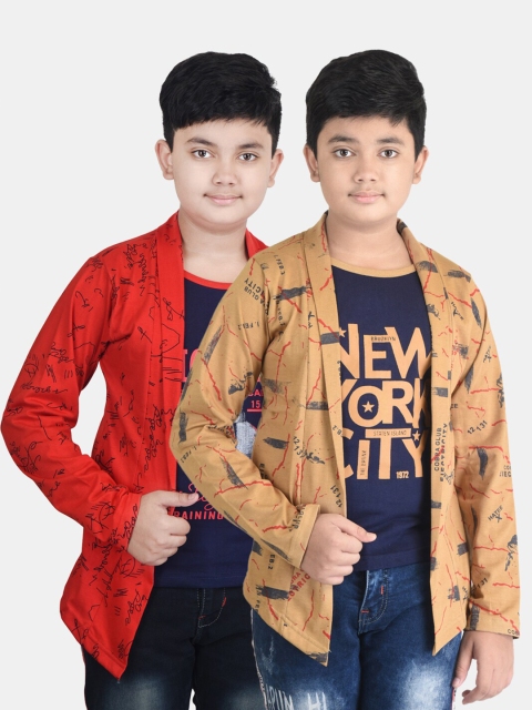 

Fabshio Boys Pack Of 2 Printed T-Shirts With Attached Shrugs, Brown
