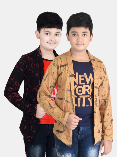 

Fabshio Boys Brown & Black 2 Printed Henley Neck T-shirt