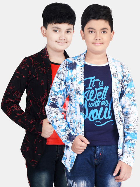

Fabshio Boys Pack of 2 Printed Cotton T-shirt With Attached Shrugs, Blue
