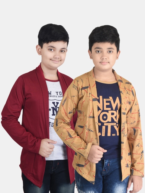 

Fabshio Boys Brown Typography Printed T-shirts With Attached Shrugs Pack of 2