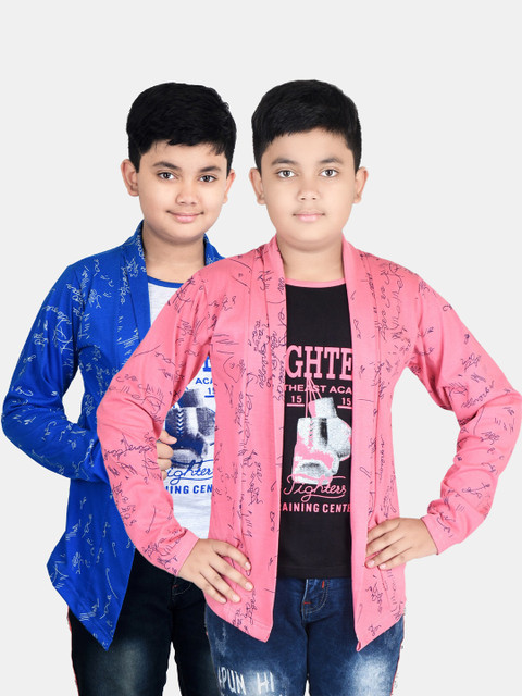 

Fabshio Boys Pack Of 2 Typography Printed T-shirt with Attached Shrugs, Pink