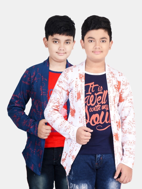 

Fabshio Boys Pack Of 2 Orange & Blue Typography Printed T-Shirt With Attached Shrug