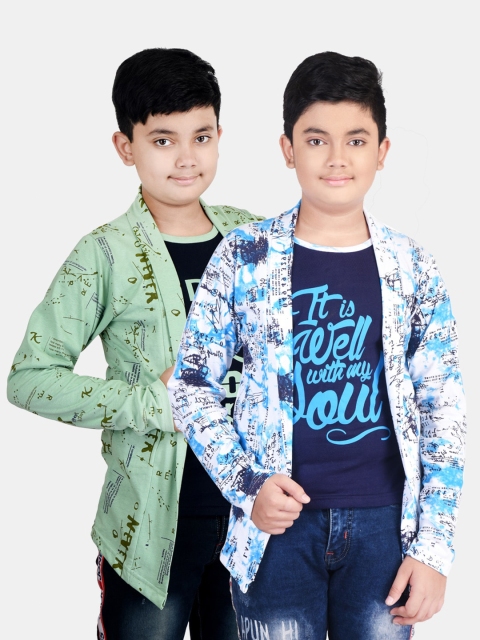

Fabshio Boys Pack Of 2 Typography Printed T-shirt With Attached Shurgs, Green