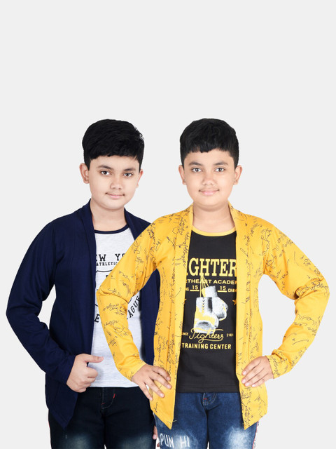 

Fabshio Boys Pack of 2 Printed Cotton T-shirt With Attached Shrugs, Yellow