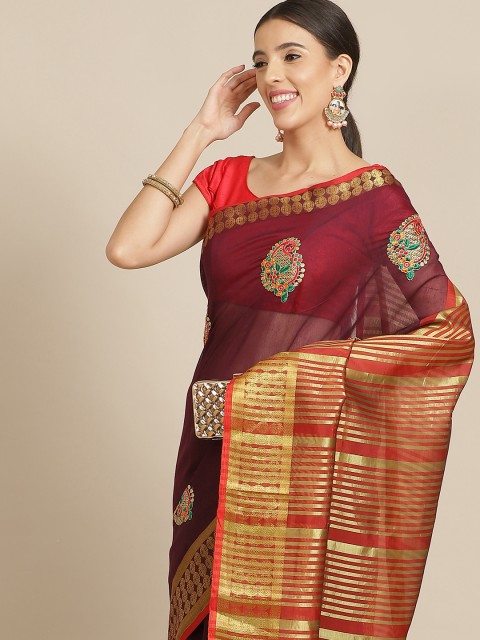 

Anouk Burgundy & Gold Ethnic Motifs Silk Blend Chanderi Saree