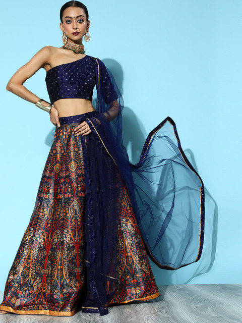 

Inddus Deep Navy Blue Woven Design Unstitched Lehenga Choli with Dupatta