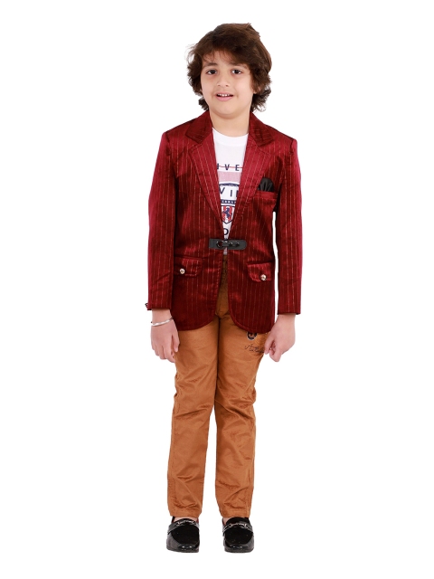 

FOURFOLDS Boys Red & Brown Printed T-Shirt With Trousers & Blazer