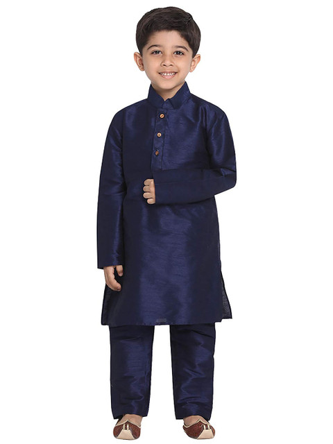 

FOURFOLDS Boys Navy Blue Solid Regular Kurta With Pyjamas