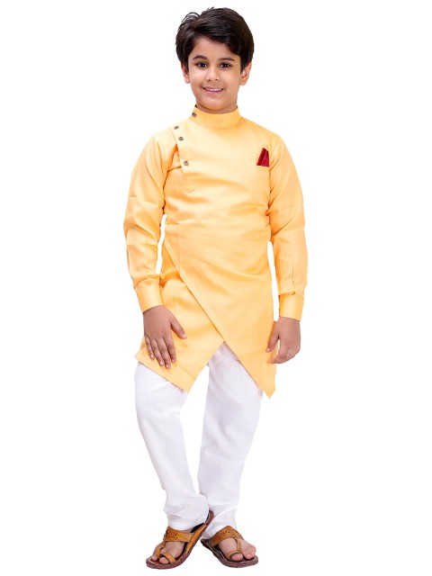 

FOURFOLDS Boys Yellow & White Solid Kurta With Pyjamas