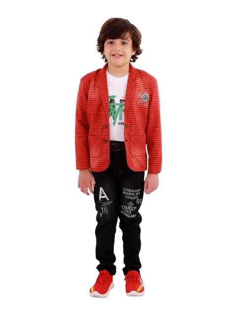 

FOURFOLDS Boys Red & White Printed T-shirt with Trousers & With Jacket
