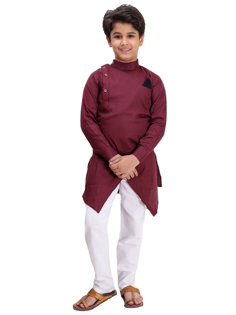 

FOURFOLDS Boys Burgundy & White Solid Ayssmetric Kurta With Pyjamas