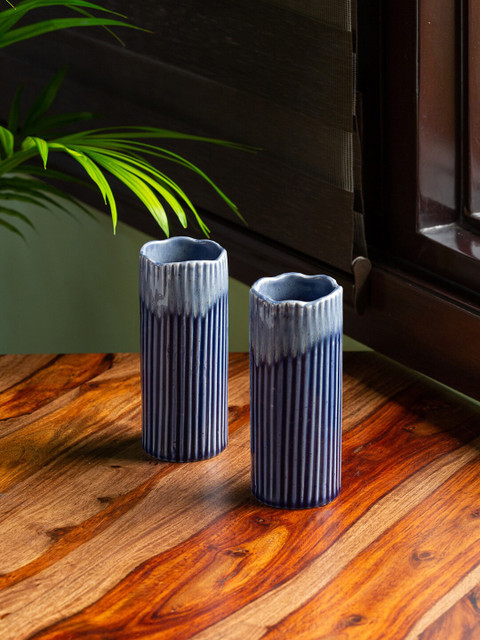 

ExclusiveLane Set Of 2 Blue & White Hand Glazed Studio Pottery Ceramic Vases
