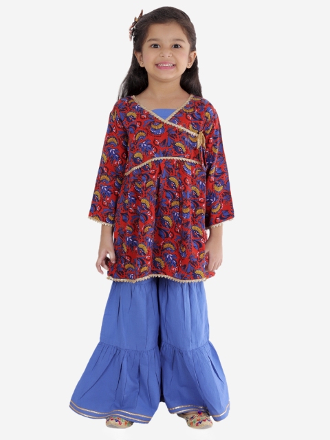 

Superminis Girls Red & Blue Floral Printed Angrakha Gotta Patti Kurti with Sharara