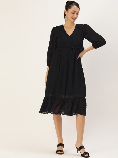 

MELOSO Black Formal Self Design Wrap Midi Dress