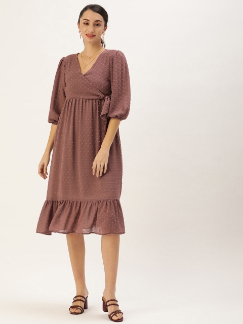 

MELOSO Mauve Self Design A-Line Midi Dress with Wrap Neck Detail