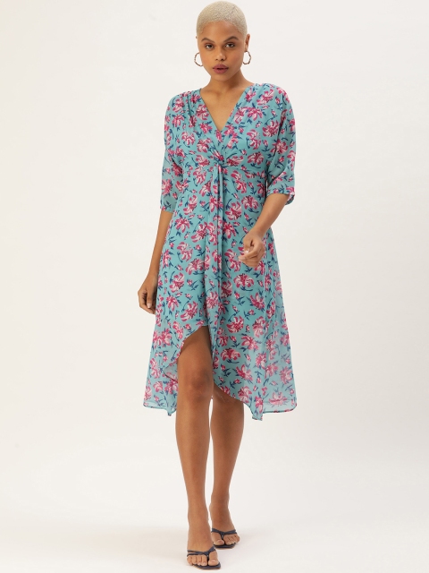 

MELOSO Turquoise Blue & Pink Floral Georgette Maxi Dress