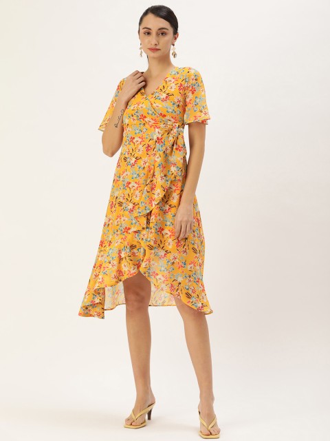 

MELOSO Mustard Yellow & Red Floral Wrap Georgette Midi Dress