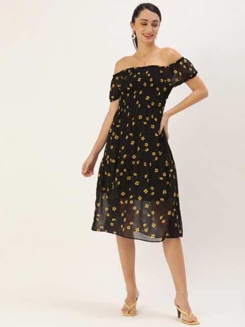 

MELOSO Black & Yellow Floral Off-Shoulder Georgette A-Line Midi Dress