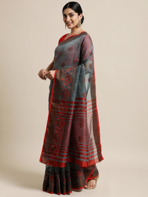 

Pisara Grey & Red Woven Design Jute Cotton Kanjeevaram Saree