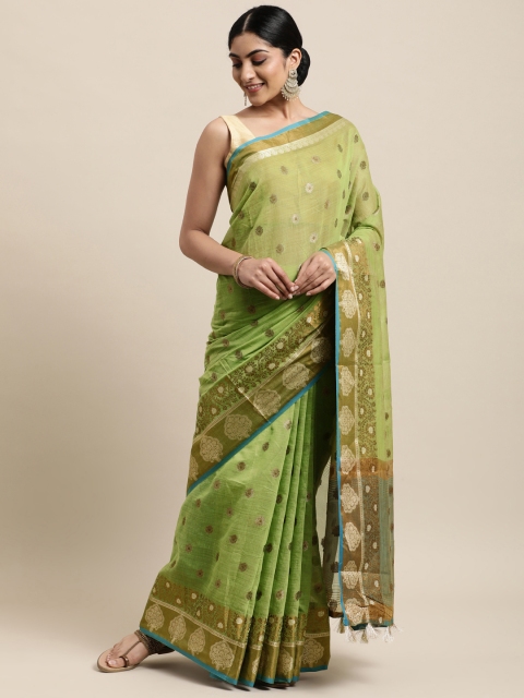 

Mitera Olive Green Ethnic Motifs Zari Silk Cotton Chanderi Saree