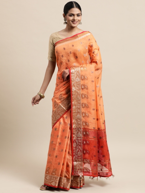 

Mitera Orange Paisley Zari Silk Cotton Chanderi Saree