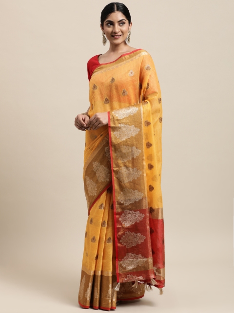 

Mitera Yellow & Red Woven Design Silk Cotton Ready to Wear Chanderi Saree