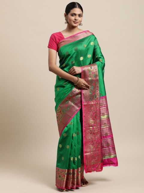 

Mitera Green & Pink Ethnic Motifs Silk Cotton Chanderi Saree