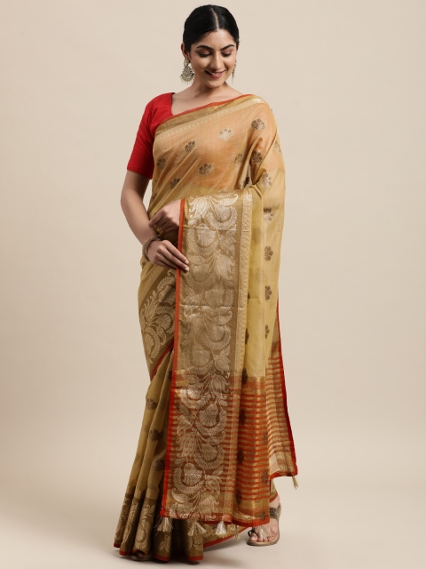 

Mitera Beige Ethnic Motifs Silk Cotton Chanderi Saree