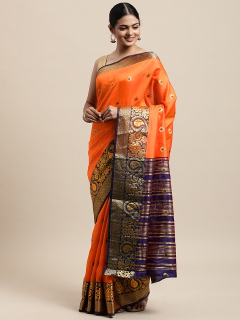 

Mitera Orange & Navy Blue Woven Design Silk Cotton Chanderi Saree