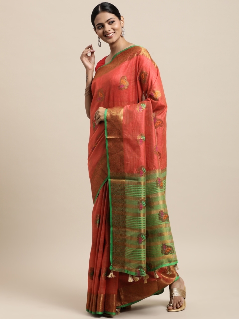 

Mitera Coral & Green Ethnic Motifs Zari Silk Cotton Chanderi Saree
