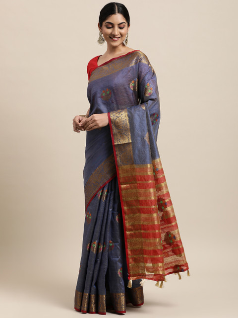 

Mitera Grey Floral Zari Silk Cotton Chanderi Saree