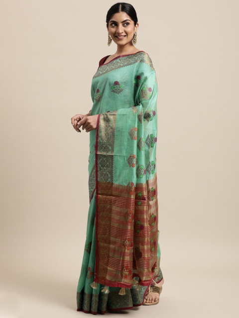 

Mitera Sea Green & Maroon Ethnic Motifs Silk Cotton Chanderi Saree