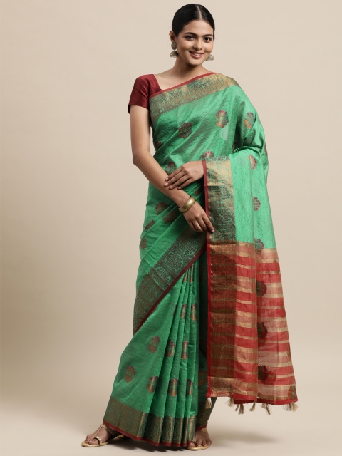 

Mitera Green Floral Zari Silk Cotton Chanderi Saree
