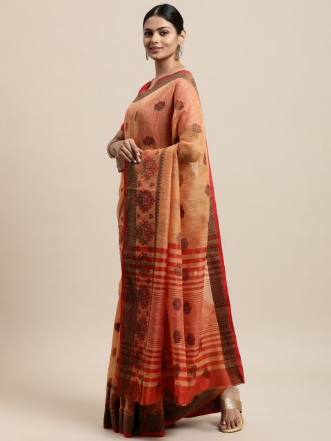

Pisara Orange Floral Embroidered Jute Cotton Kanjeevaram Saree
