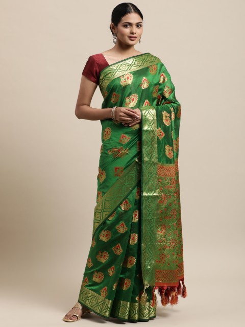 

Pisara Green & Gold-Toned Ethnic Motifs Zari Silk Cotton Banarasi Saree