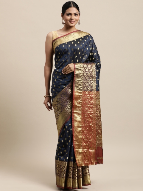 

Mitera Navy Blue & Gold-Toned Woven Design Silk Cotton Banarasi Saree