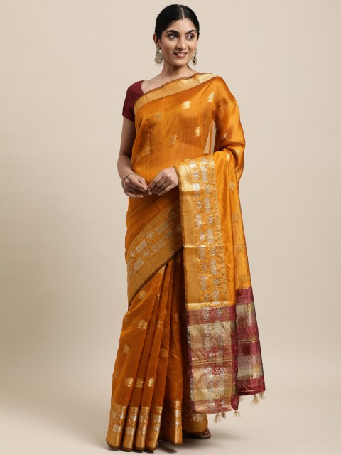 

Mitera Gold-Toned Woven Design Silk Cotton Kanjeevaram Saree