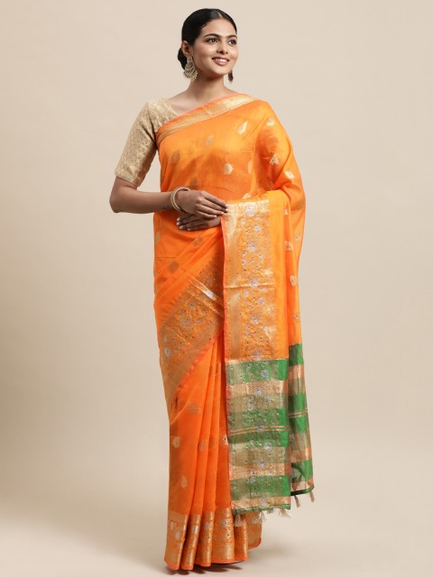 

Mitera Orange & Green Ethnic Motifs Zari Silk Cotton Kanjeevaram Saree