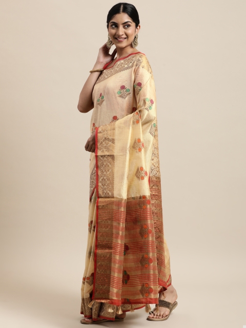 

Mitera Cream-Coloured Floral Silk Cotton Chanderi Saree