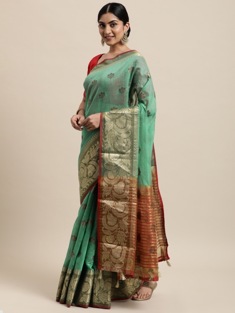 

Mitera Sea Green & Red Ethnic Motifs Silk Cotton Chanderi Saree