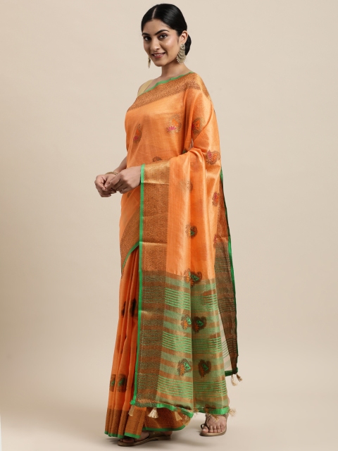 

Mitera Orange & Blue Floral Zari Silk Cotton Chanderi Saree