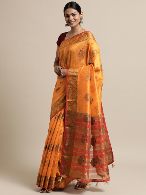 

Mitera Orange Ethnic Motifs Zari Silk Cotton Chanderi Saree