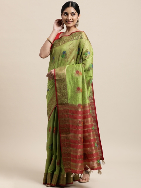 

Mitera Green & Maroon Woven Design Silk Cotton Chanderi Saree