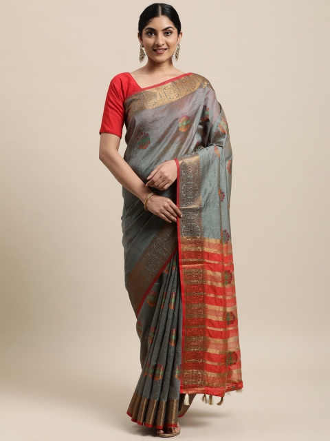 

Mitera Grey Ethnic Motifs Zari Silk Cotton Chanderi Saree